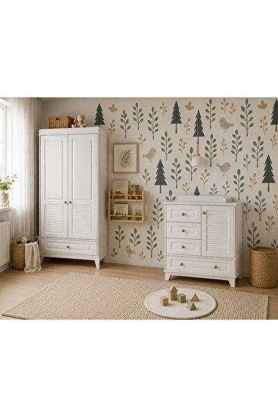 Koza %100 MDF Panjur Beyaz 2 Kapılı Bebek & Çocuk Gardırop & Panjur Beyaz Şifonyer