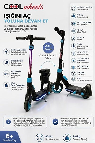 Cool Wheels Pro Led Işıklı Elektrikli Katlanabilir 150W Çocuk Scooter – 15KM ...