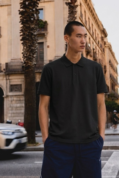 COMBİNE MİCHAİL Men's Basic Loose Black Polo Neck T-Shirt