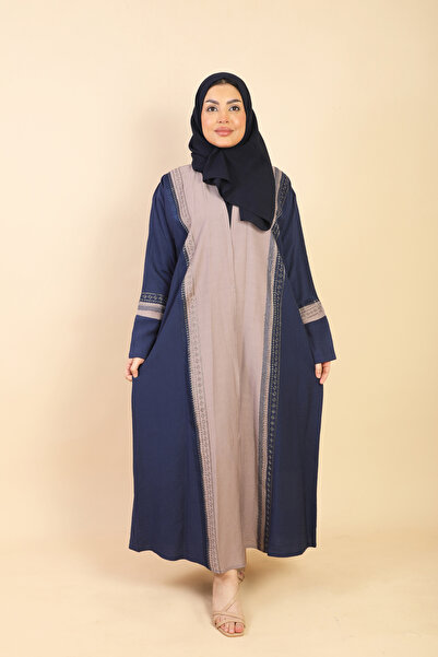 Stylish Fashion Stylish Fashion Lenn Wrap Abaya in Navy and Beige with Embroi...