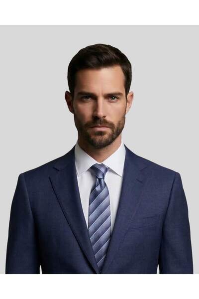 KUMOVO Navy Blue Gray Striped Dark Blue Silk Tie – 7.5 cm Wide