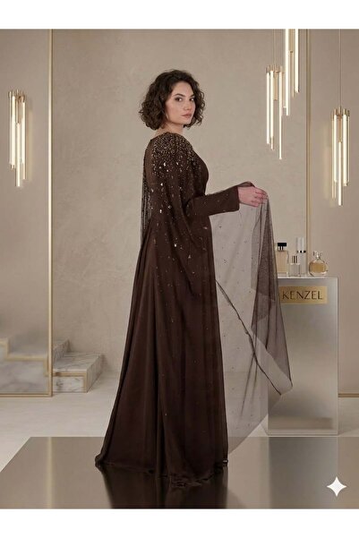 Kenzel Stone-Embellished Evening Dress with Shoulder Capes
