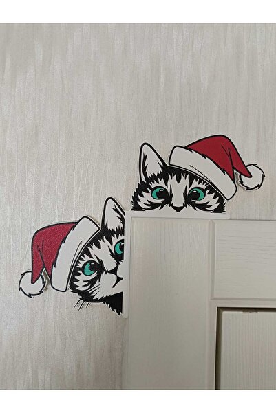 PoplyBizz3D Yılbaşı Temalı Şapkalı Kedi Kapı Köşe Süsü - Dekoratif Çerçeve, P...