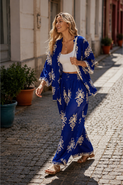 forte bella Mavi Etnik Desen Alt-Üst Trend Kimono Takım