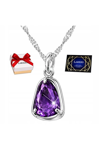 Larezo 925 Silver Necklace, Pendant With Large Purple Crystal And Zircons For...