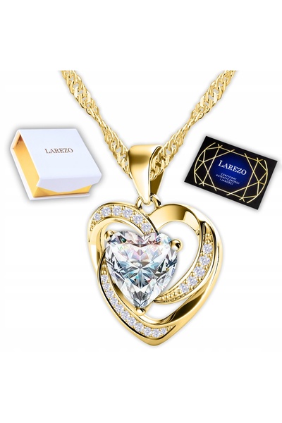 Larezo 925 Silver Necklace with Gold Plated, Large White Crystal Heart Pendan...