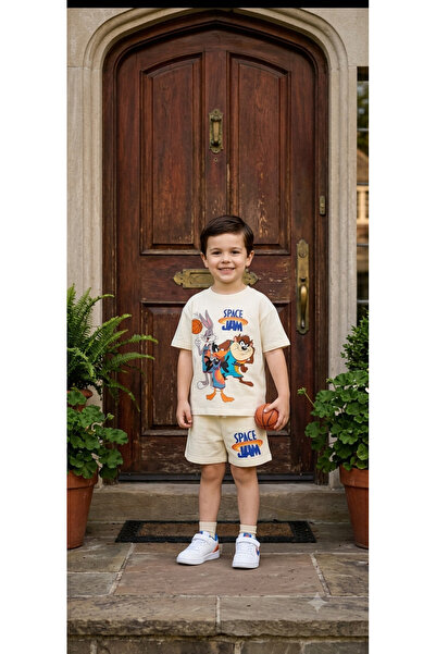 Argün kidss New Season Printed 100% Cotton Space Jam Printed Cream Sports Sho...
