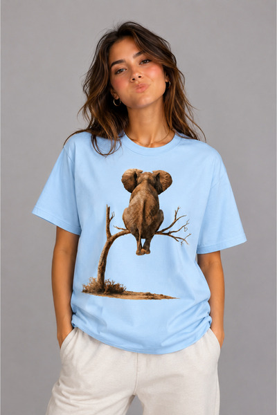 VODEXA Women's Oversize T-Shirt Elephant in the Brush Printed 100% Cotton T-S...