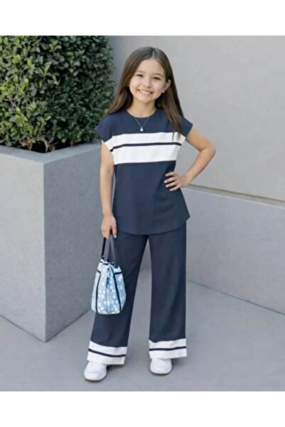 MASİON VESSAİRE Striped Printed Children's Navy Blue Summer Sleeveless Wide L...