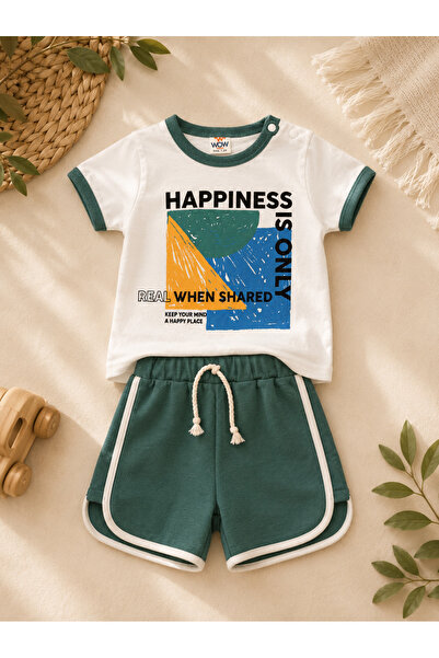 kr kids Baby Boy Happiness Printed Shorts Set White T-Shirt Green Shorts Summ...