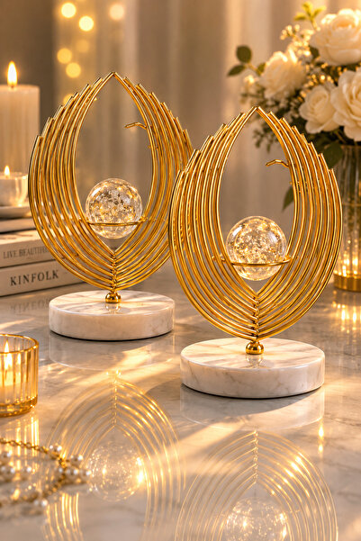 Meralles 2'li Büyük Küçük Gold Yaprak Küre Dekoratif Obje | Modern & Şık Ev O...