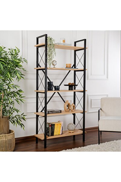 Rani Mobilya Rani Home Kitaplık Meşe Siyah Metal Ayaklı 5 Raflı HC-5261