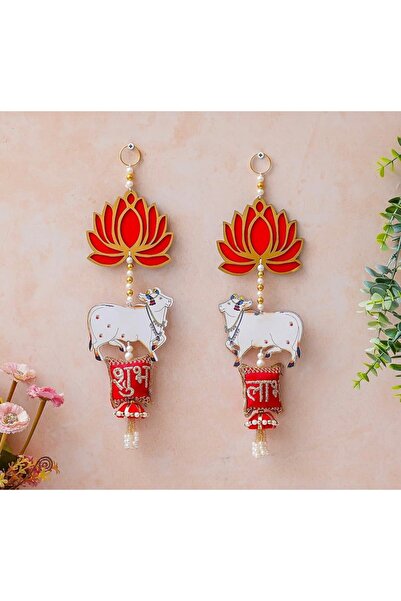 Divine Design Shubh Labh Hanging with Lotus, Cow, Pearl Beads, Red and Gold, Diwali Festive Decor, Set of 2, 14 Inch