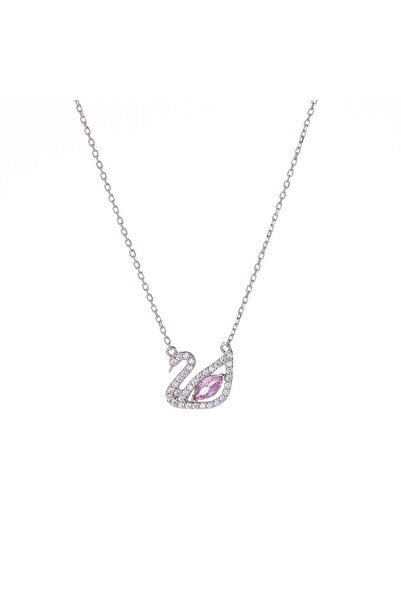 NAGISS Kuğu Model Pembe Zirkon Taşlı 925 Ayar Gümüş Kadın Kolye