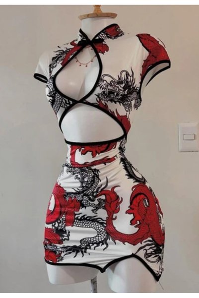 Generic Brand White Dragon Motif Window Detailed Striped Qipao Dress