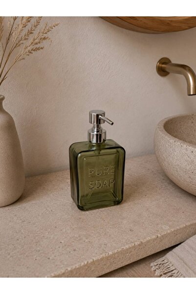 LEONEV Glass Liquid Soap Dispenser with the Words "Pure Soap" Written on It.