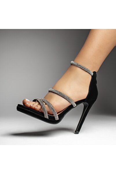 Modlet.ro Sandale stiletto de damă din piele întoarsă neagră cu strasuri LIA32