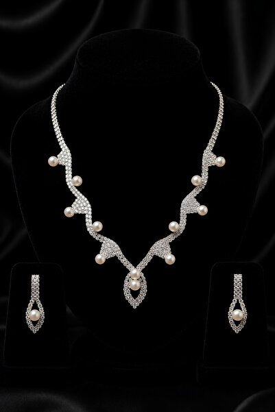 OSMANLI GÜMÜŞ Zirkon Su Yolu İncili Set Rodyum Kaplama Flower Model Düğün Set...