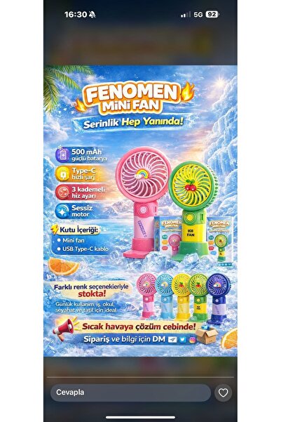 fenomen Mini Fan Taşınabilir Şarj Edilebilir El Fanı 3 Kademeli Sessiz Masaüs...