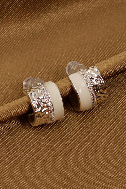 Süspüs Accessories White Enamel Silver Color Forged Patterned Circular Earrin...