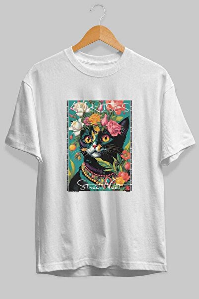 Ankhises Μπλουζάκι  "For the Love of Cats " με 83 στάμπες γάτας, λευκό, overs...