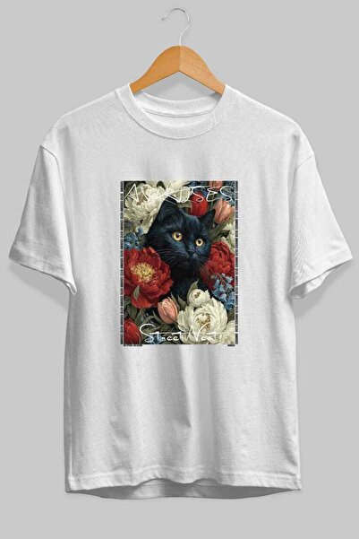 Ankhises For the Love of Cats 87 Front Cat Printed White Oversize T-Shirt 100...