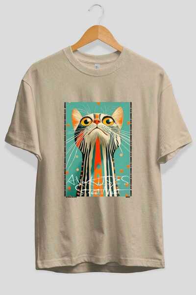 Ankhises For the Love of Cats 99 Front Cat Printed Beige Oversize T-Shirt 100...
