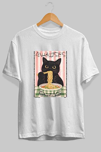 Ankhises T-shirt "For the Love of Cats 28" με στάμπα γάτας, λευκό, oversized,...