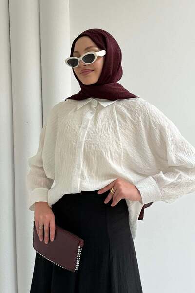 Modaensarbutik Balon Kol Taş Detaylı Keten Gömlek-BEYAZ