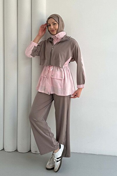 Modaensarbutik Tencel Kumaş Pantolonlu Üçlü Tesettür Takım-VİZON