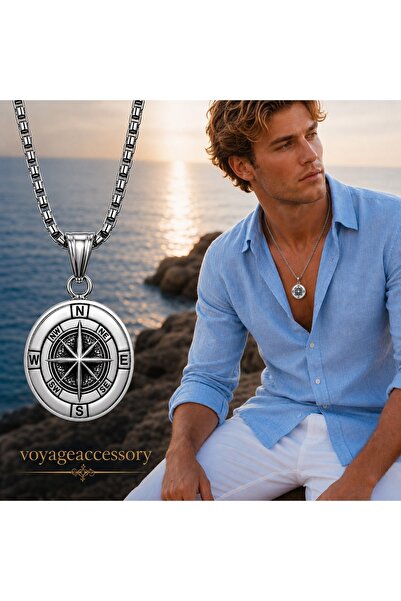 voyageaccessory Stainless Steel Sailor Marine Design North Star Compass Necklace