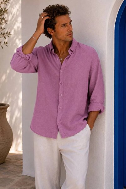 MADZEYMODA Men's Muslin Fabric Long Sleeve Dusty Rose Shirt Relaxed Fit Ls-19848