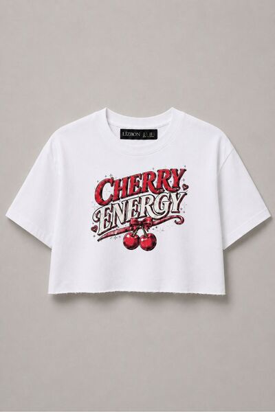 Lizbon Style Tricou crop pentru femei, cu imprimeu Cherry Energy, oversize, c...
