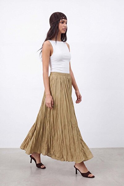 Puane Kadın Beli Lastikli Krinkıl Maxi Etek - 18302ETK - OLIVE
