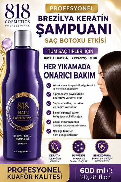 818 cosmetics Profesyonel Brezilya Keratin Saç Botoksu Şampuanı 600 ml – Boya...