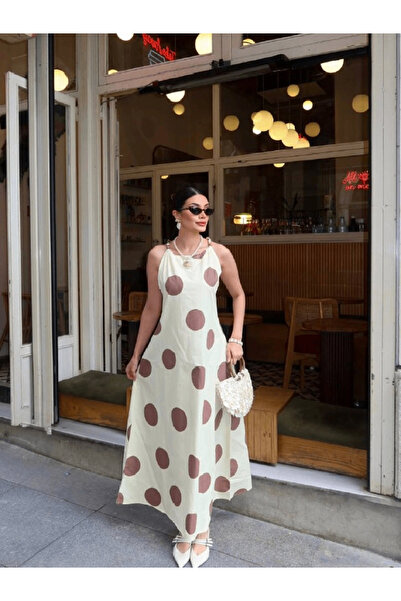 212 URBAN Poplin Kumaş Büyük Puantiye Desenli Uzun Elbise