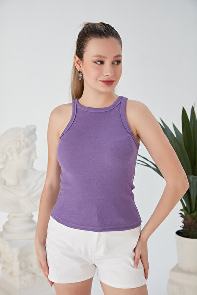Feyece Lila Fitted/Vücuda Oturan Fitilli Esnek Örme Bluz