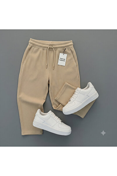 thefun fashion Men's Beige Ribbed Ottoman Breathable Elastic Waist Sweatpants...