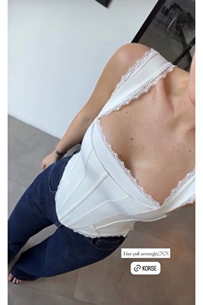 nidistore Kadın Beyaz Dantel Detaylı Büstiyer Korse
