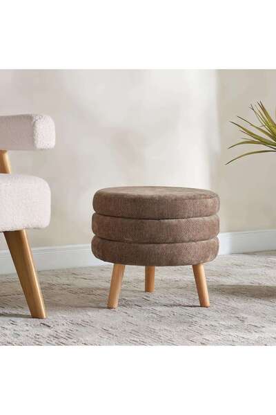 PAN HOME Greta Round Pouf With Wooden Leg 43x43x39cm - Brown