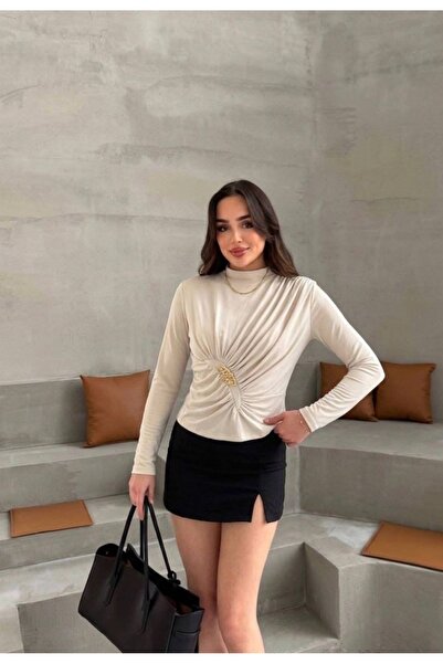 ELAY Fashion Kadın Taş Gold Aksesuarlı Büzgü Detaylı Uzun Kollu Bluz