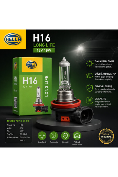 Hella H16 Long Life 12V 19W Uzun Ömürlü Sis Farı ve Gündüz Farı Ampulü Orijin...