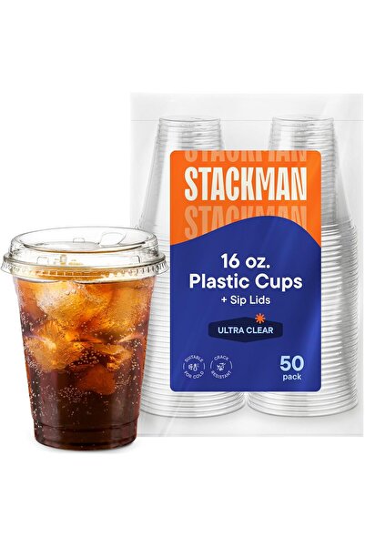 Stack Man أكواب بلاستيكية شفافة سعة 473 مل مع أغطية، مصنوعة من البولي إيثيلين...