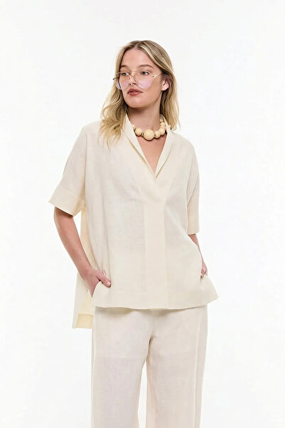 Roman Şal Yaka Oversize Bluz Bej YY013023_024