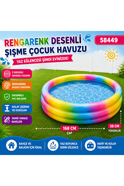 FABBA TOYS 58449NP Rainbow Desenli Şişme Çocuk Havuzu 168x38 Cm Bahçe Balkon ...