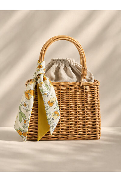 OEM Geantă Damă din Ratan cu Eșarfă Decorativă și Sac Interior cu Șnur