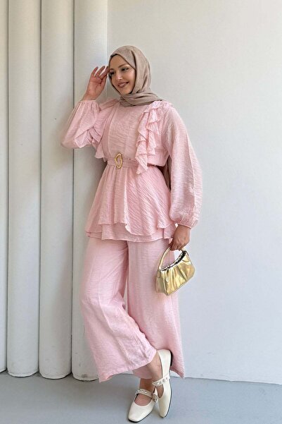 Modaensarbutik Kemer Tokalı Ön Fırfır Detaylı Tesettür Pantolon Takım-PEMBE