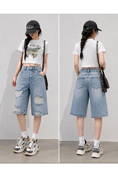 SEFUR Trend Yırtık Detaylı Baggy Denim Bermuda Şort