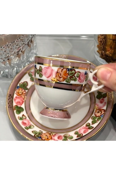 BY.RAYKA PORSELEN El Dekor Brown Porcelain Hand-Painted 2-Piece Cup Set