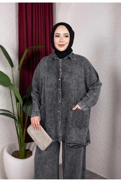 MODAMÜNASİP Great 100% Cotton Tencel Fabric Special Design Trouser Suit with Pocket Knit Detail